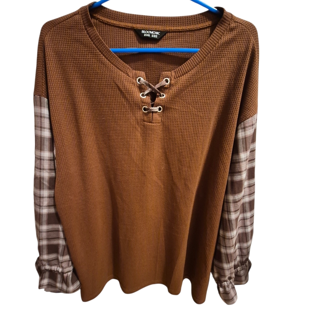 BloomChic Brown Waffle Knit Lace-Up Top with Plaid Sleeves